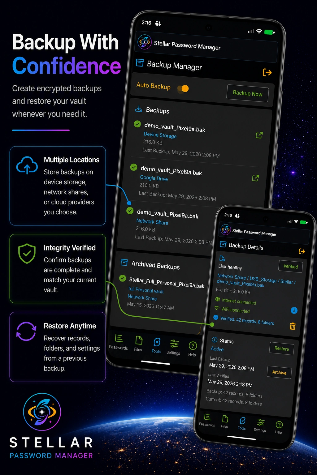 Stellar Password Manager - Backup with confidence to multiple locations with integrity verification