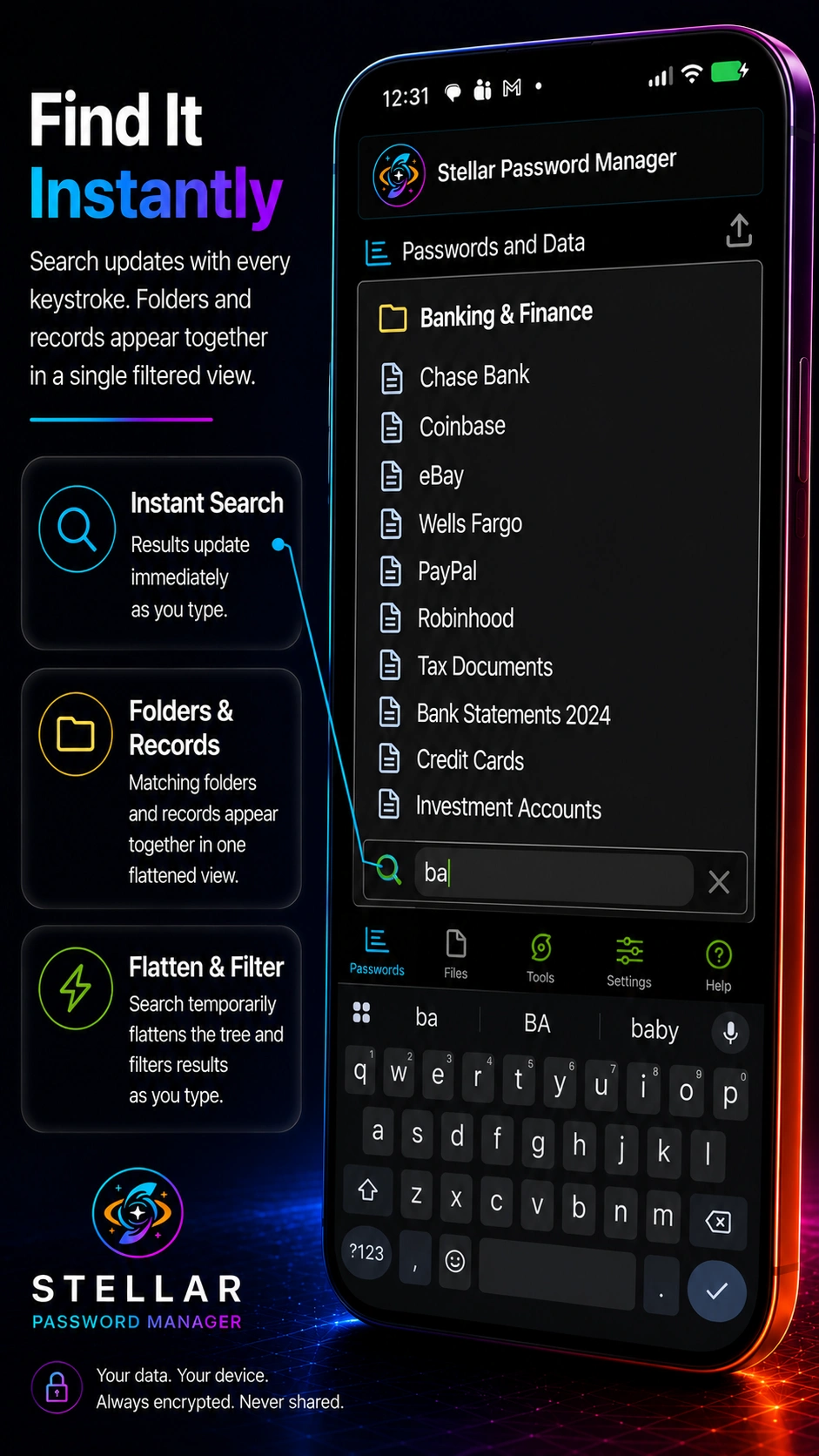 Stellar Password Manager - Find it instantly with real-time search across folders and records