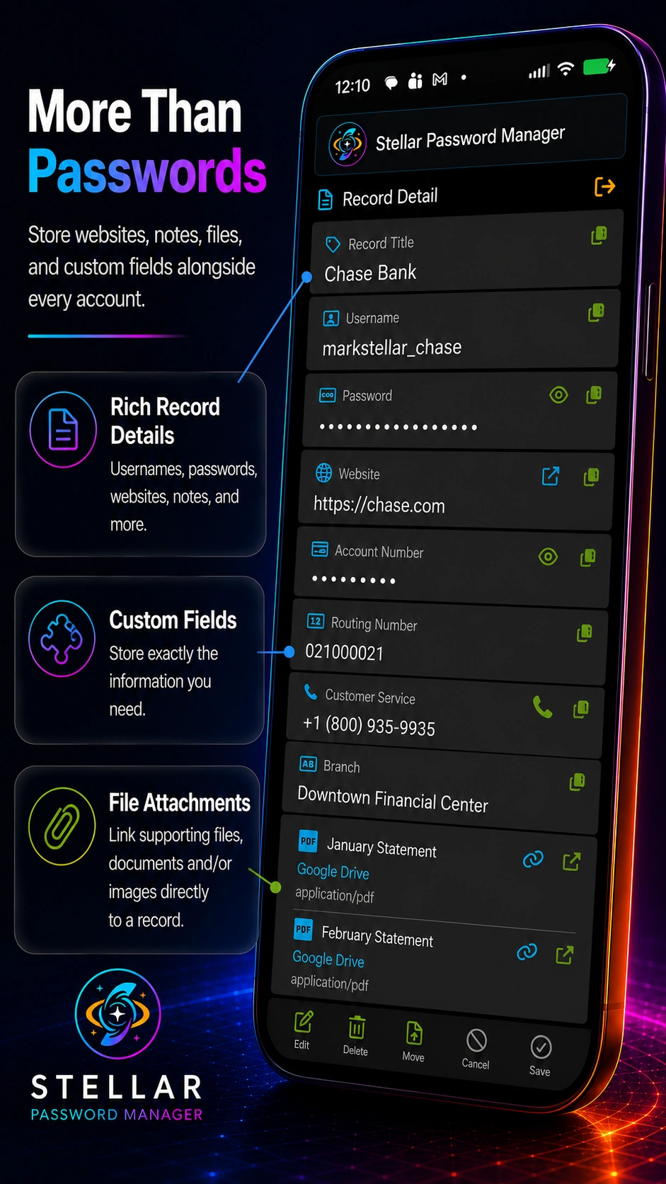 Stellar Password Manager - More than passwords with rich record details, custom fields, and file attachments