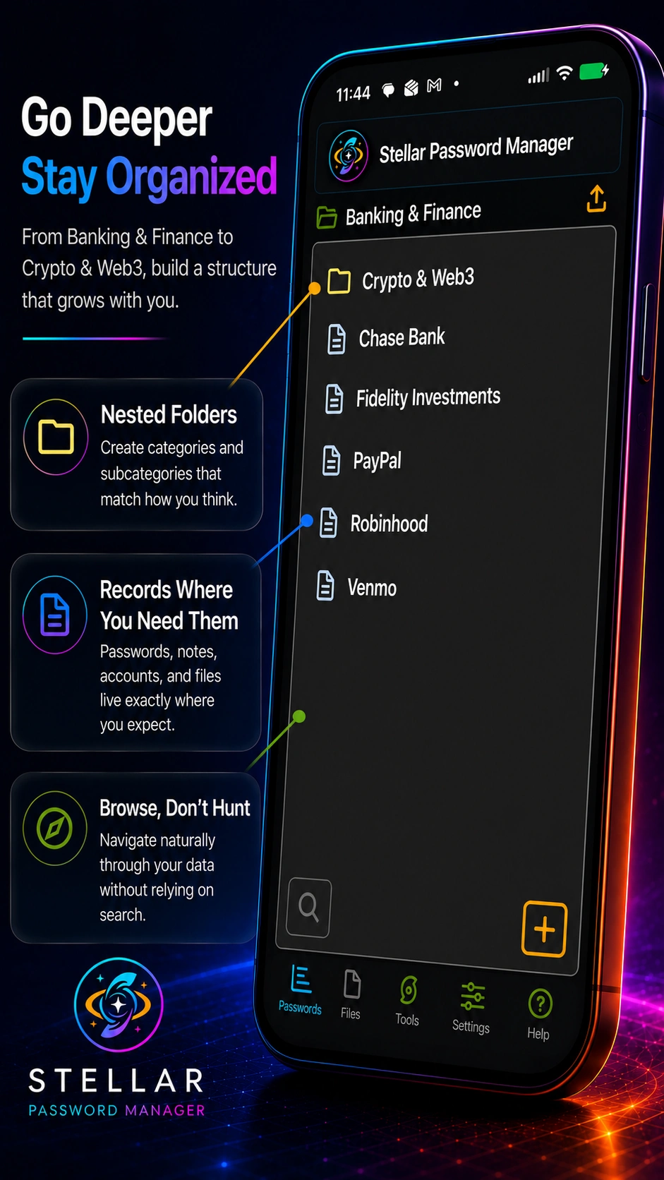 Stellar Password Manager - Go deeper with nested folders for Banking, Crypto, and more