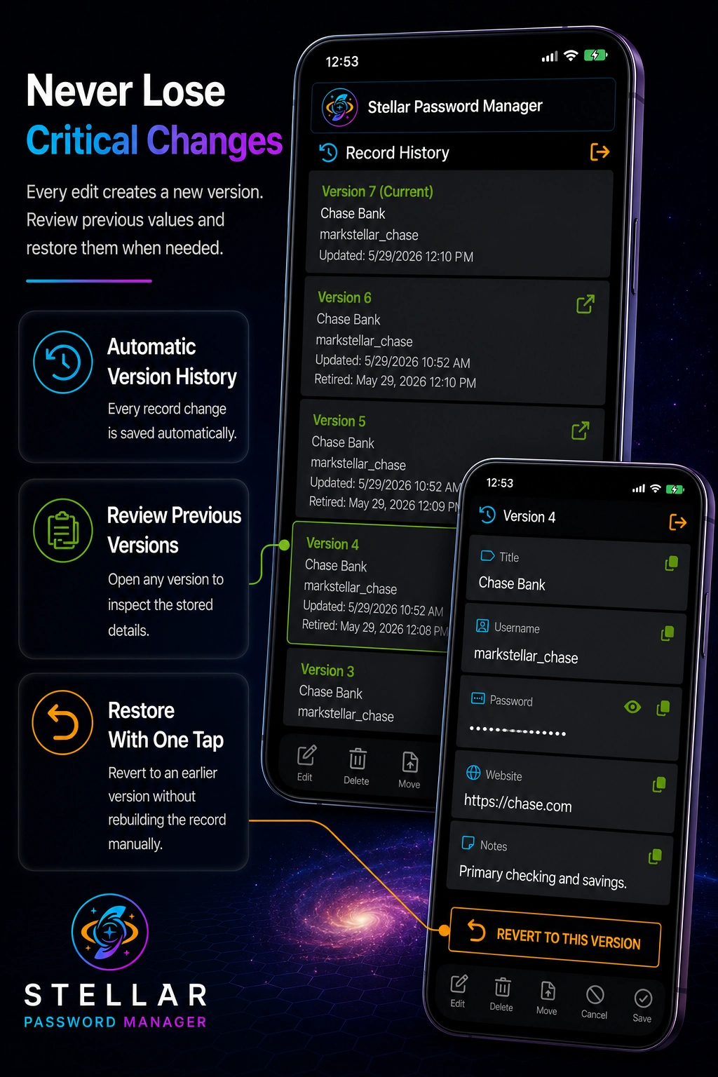 Stellar Password Manager - Never lose critical changes with automatic version history and one-tap restore