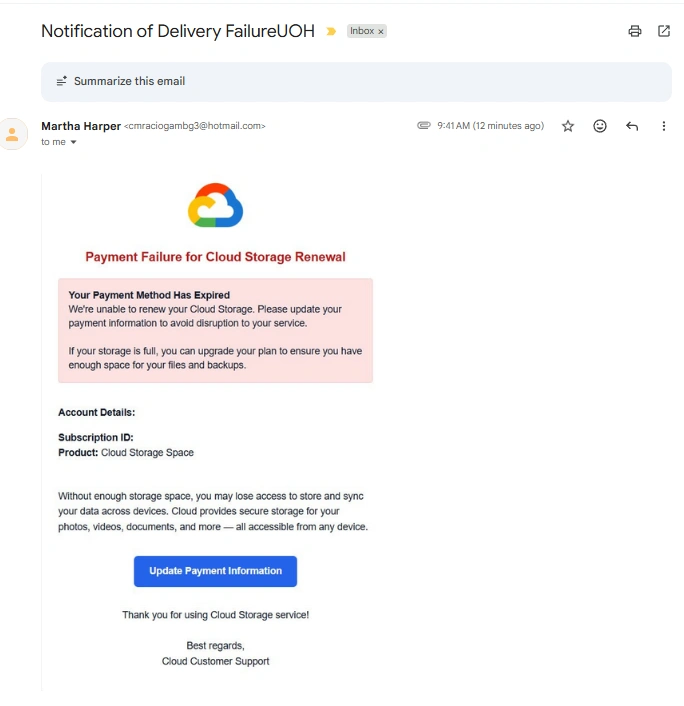 Phishing email screenshot