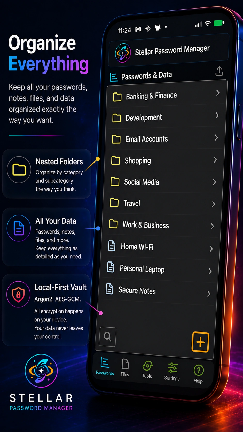 Stellar Password Manager - Organize everything with nested folders, local-first vault with Argon2 and AES-GCM encryption