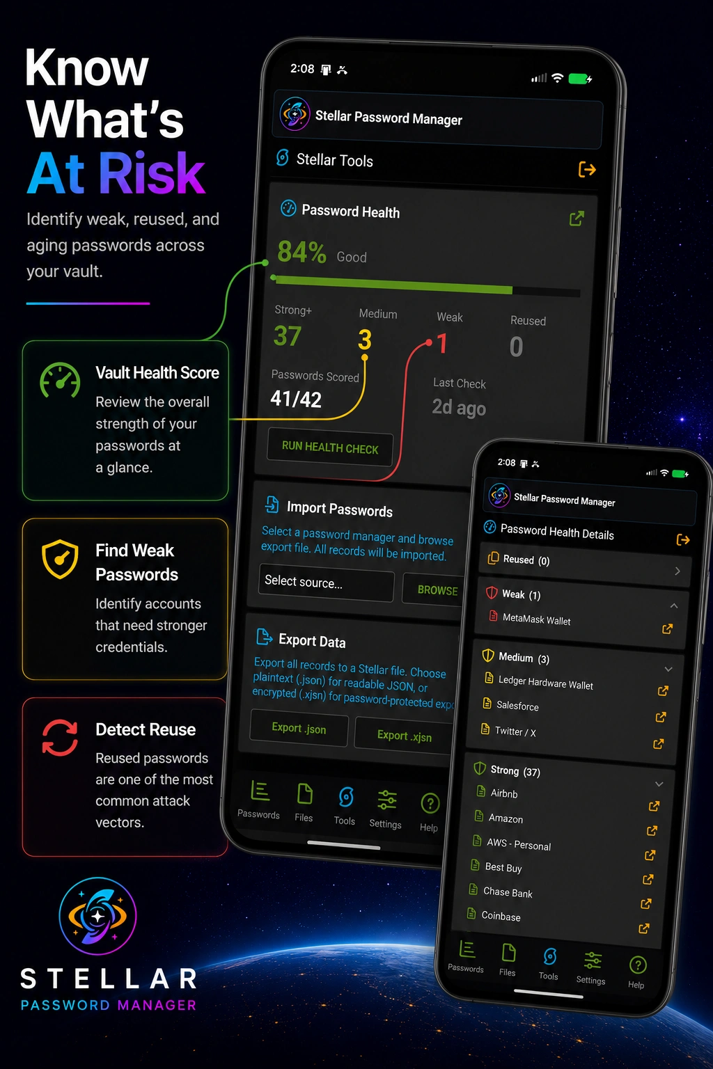 Stellar Password Manager - Know what's at risk with vault health score, weak and reused password detection